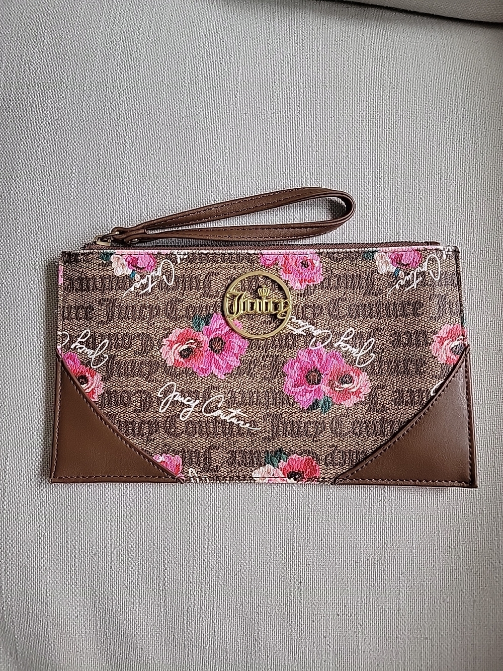 Floral Brown Wristlet Clutch with Gold Emblem